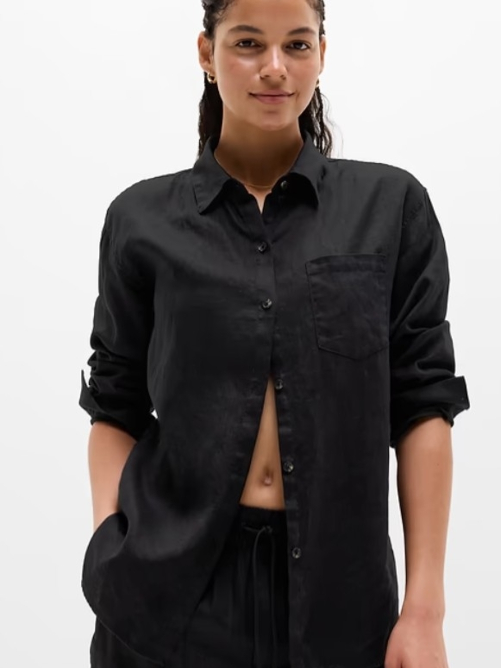 Athleta Black Button-Up Linen Shirt